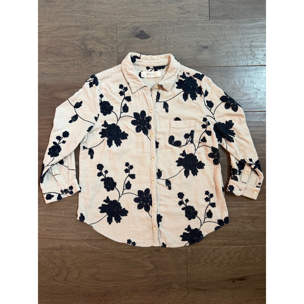 Isabella Sinclair Women M Cream Navy Blue Floral Embroidered Cotton Gauze‎ Shirt
